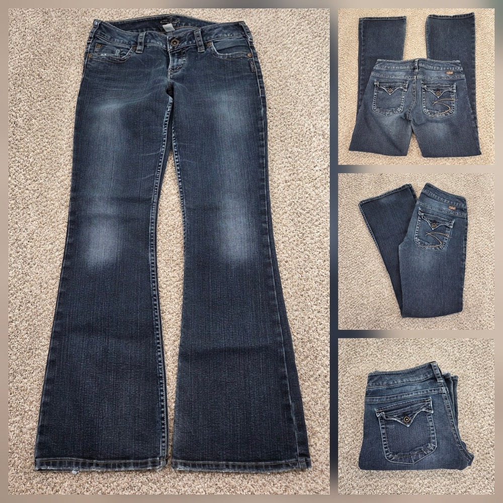 Silver Jeans Women 29x32.5 Blue Pioneer Flap Low Rise Bootcut Dark Wash Stretch